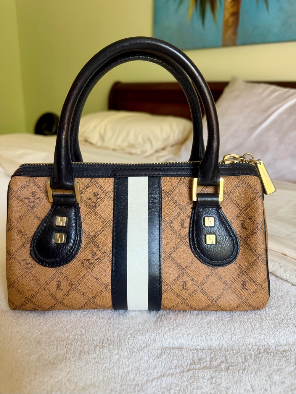 L.A.M.B. Tan Satchel with Black and White Stripe and Wristlet - Picture 2 of 4